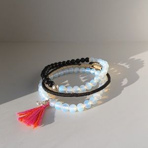 New men's opal stone with black agate and hand woven 3 pieces set bracelets